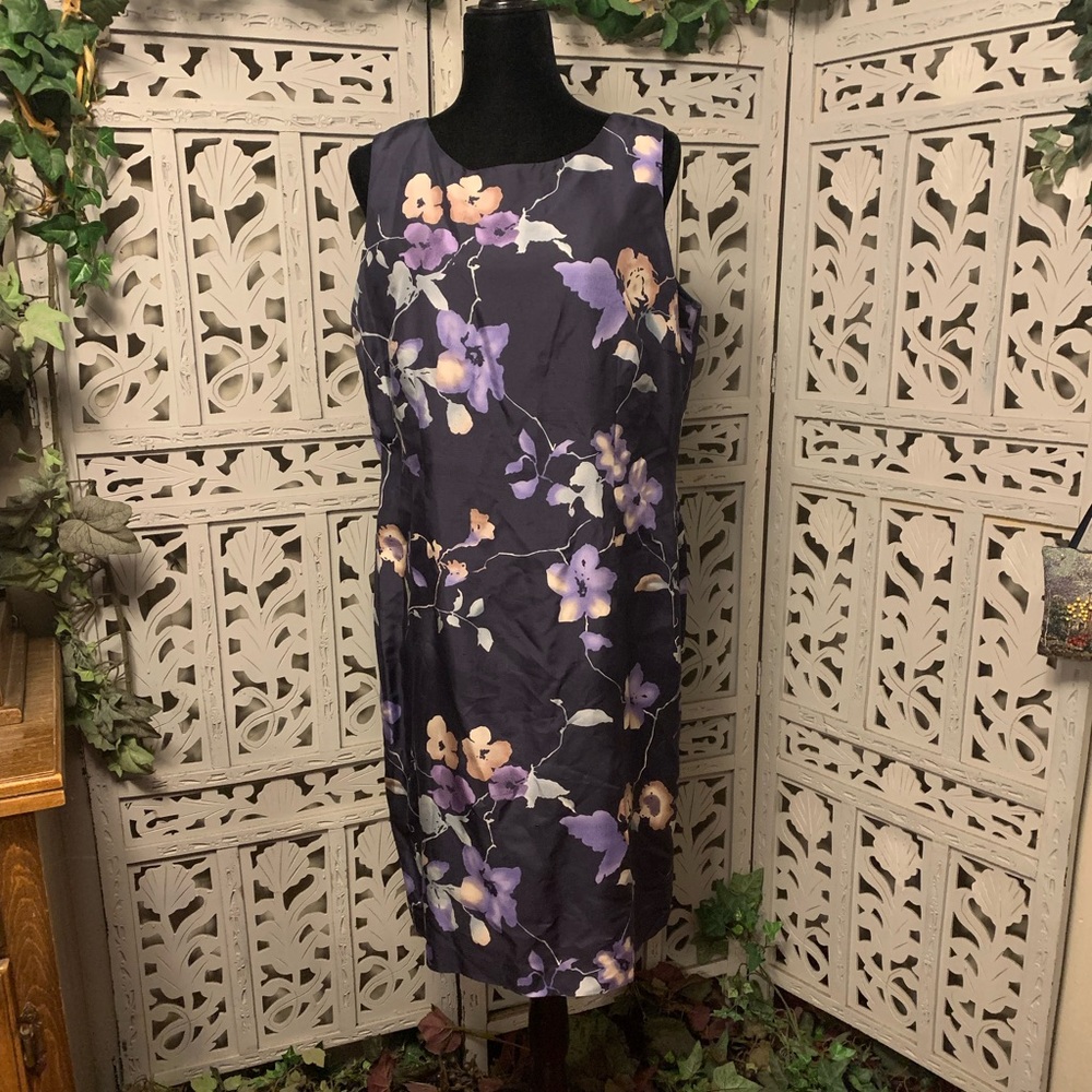 BAHARI GROUP! 100% SILK BEAUTIFUL VIOLET BLUE & PURPLE FLOWERS MIDI DRESS